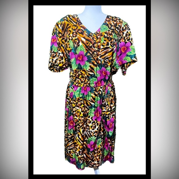 Elizabeth Liz Claiborne Silk Floral Island Shoulder Pads Dress V Neck Sz 14